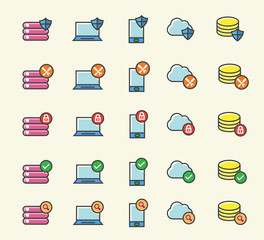 Set of 25 Minimalistic Solid Line Coloured Network Icons . Isolated Vector Elements