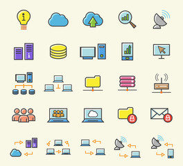 Set of 25 Minimalistic Solid Line Coloured Network Icons . Isolated Vector Elements