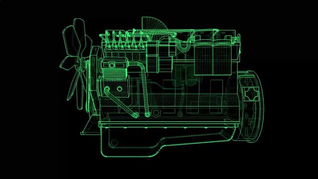 Diesel engine made of green glowing contour lines on black background.