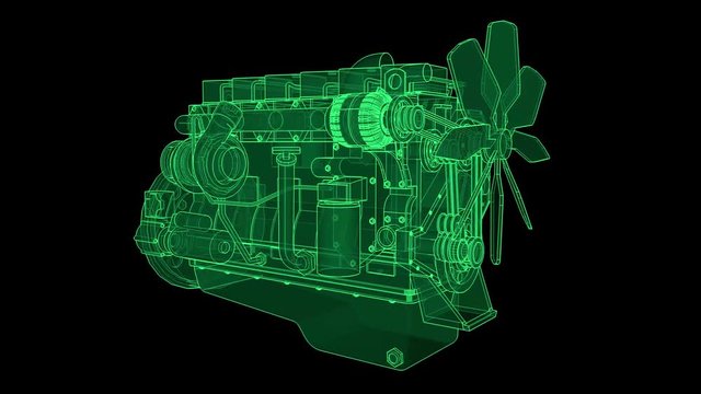 Diesel engine made of green glowing contour lines on black background.