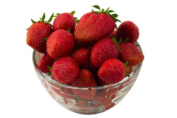 Ripe strawberry fruit in a round glass plate, isolated image on a white background.