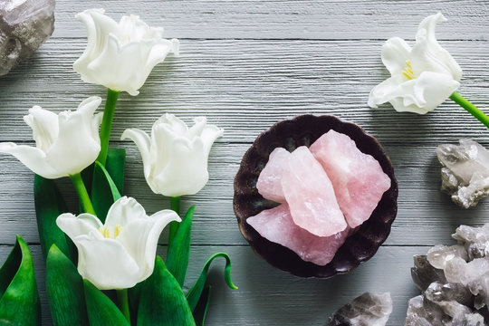 White Tulips with Quartz and Rose Quartz Crystals