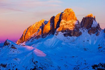 Sunset view of Belvedere valley near Canazei of Val di Fassa, Dolomites, Italy - obrazy, fototapety, plakaty