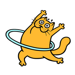 Funny orange cat aerobics with a hoop. Vector illustration