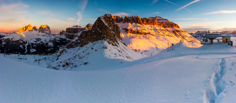 Sunset panorama of Sella Group, Val di Fassa, Dolomites, Piz Boe, Italy