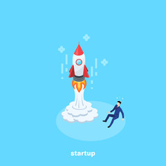 a man in a business suit sits on the floor in front of an upcoming rocket, an isometric image