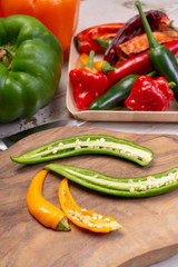 Colorful fresh hot Mexican chili peppers in assortment