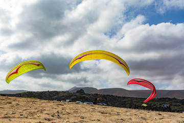 Fototapeta na wymiar Paraplaners with paraplanes on sandy beach, extreme sport