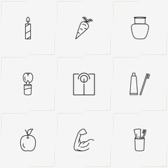 Health line icon set with bottle, toothpaste with brush and scale