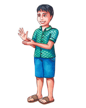 Little Indian boy claps his hands, applauds someone. Hand drawn illustration of a watercolor, isolated.