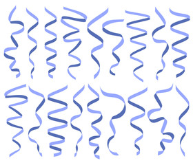 Set of different decorative serpentine, blue ribbon collection without background, vector illustration