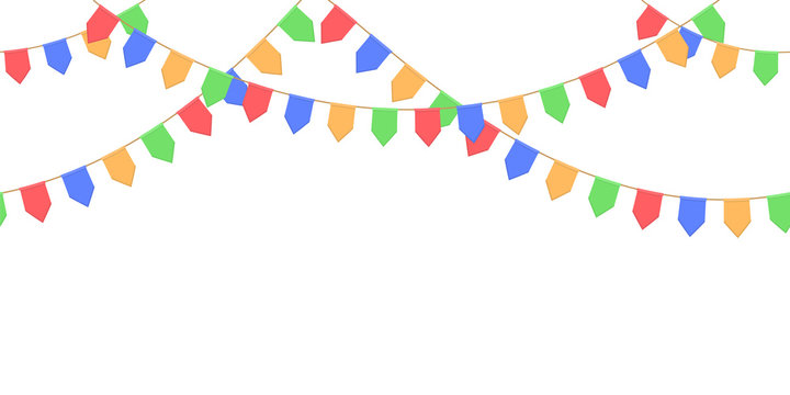 Seamless garland with celebration flags chain, yellow, blue, red, green pennons on white background, footer and banner for decoration