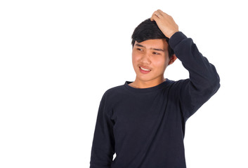 A handsome Thai man is scratching his head.