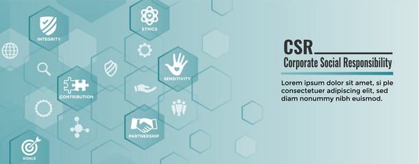 CSR - Corporate social responsibility web banner w Icon Set - Honesty, integrity, collaboration, etc
