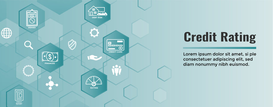 Credit Rating Header Web Banner with Debt, Credit Card, & Credit Score Icon Set