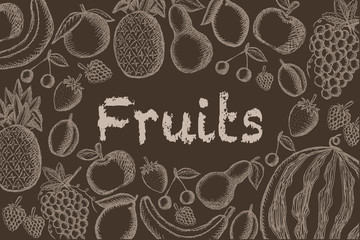 Vector image of painted fruits on a brown background with an inscription in the center. Graphic vintage illustration.