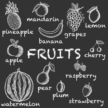 Vector image of chalk-drawn fruits on a dark background with inscriptions under each icon. Graphic illustration.