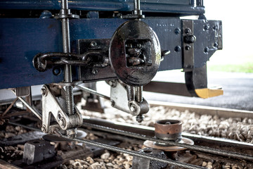 Close view of tram rail front end, showing the spare parts of tramway. Old, vintage, classic, historical technology parts close up photo. Technology, vintage transport concept