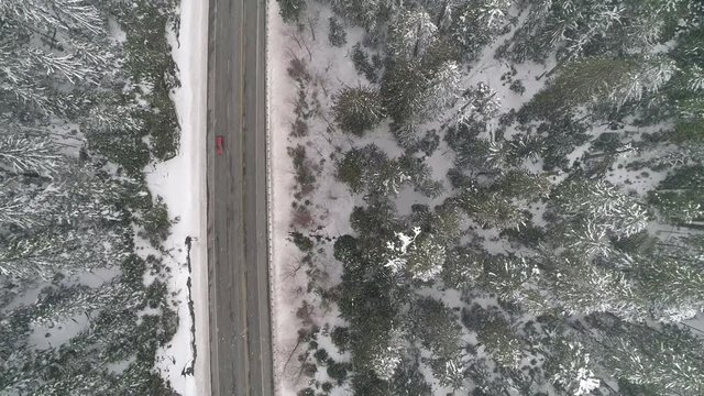 Winter Snow Falling Mountain Highway Birdseye Aerial