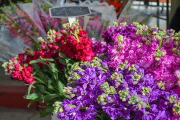 Fototapeta na wymiar Flowers-bunches of tulips, roses, lillies and farmers market color. Garden delight.