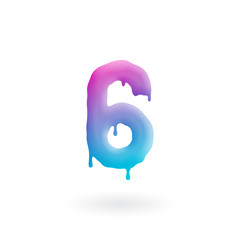 Number 6 logo. Colored paint six icon with drips. Dripping liquid symbol. Isolated art concept vector.