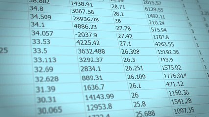 Changing data on spreadsheet. Figure of sales results changing and revising on spreadsheet, accounting report with array of information and data. Big data on spreadsheet. - Powered by Adobe