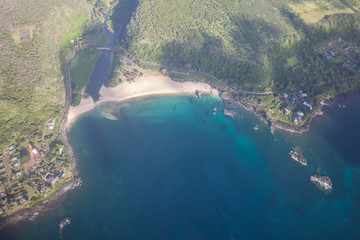 Drone aerial shot of Hawaii beach and bay