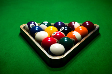 Billiards green table with balls