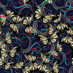 3d flowers and butterflies seaamless pattern.