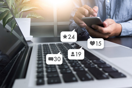 Contact us  sms media man use  smart phone social media network pop notification icons