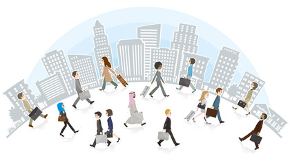 Obraz premium 働く人々と背景のイラスト