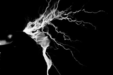 Tesla Coil, Electrostatic Discharge, spark, lightning in black and white 