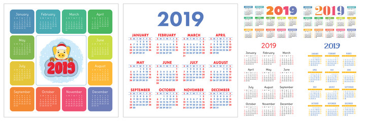 Calendar 2019 year. Colorful English set. Pig, piggy with the Santa cap. Animal. Kids illustration. Week starts on Sunday. Vector template collection. Basic calender grid. Chinese symbol