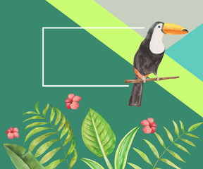 Watercolor illustration of tropical leaves and toucan.