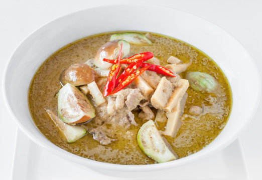 Green chicken curry with eggplant and pickled bamboo shoot. Green curry is a Central Thai variety of curry