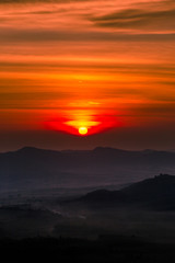 The sun is rising from the mountains, fresh morning. Colorful and memorable