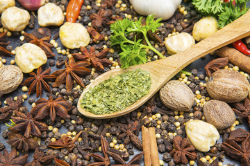 Dried parsley in the wooden table