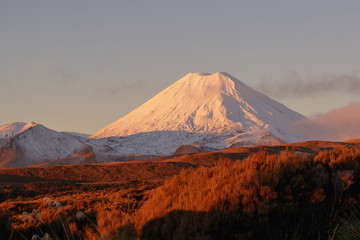 Mt. Ngauruhoe volcano at sunset, Tongariro National Park, New Zealand