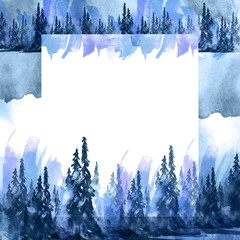 Watercolor group of trees - fir, pine, cedar, fir-tree. Blue, silhouette forest, landscape, forest landscape. Blue, black abstract splash of paint, mountain forest landscape. Art illustration,postcard