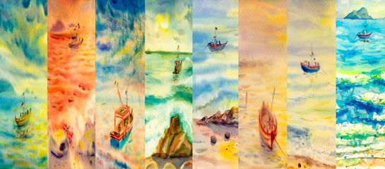 Watercolor painting seascapes at different time of the year.