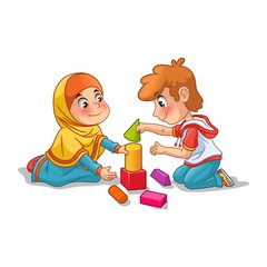 Muslim girl and boy playing with building blocks cartoon character design vector illustration, isolated against white background.