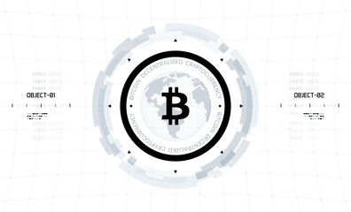Bitcoin cryprocurrency futuristic black and white vector illustration. Worldwide digital money technology