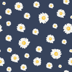 Obraz premium Trendy daisy chamomile flowers botanical scattered random pattern. Seamless ditsy floral texture for prints. Hand drawn style. Dark navy blue background. Vector illustration fashion, textile, fabric.