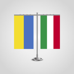 Table stand with flags of Ukraine and Hungary.Two flag. Flag pole. Symbolizing the cooperation between the two countries. Table flags