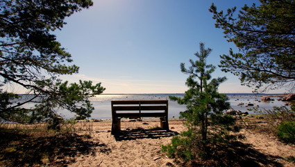 Ławka na wydmie z widokiem na błękit morza - odpoczynek na plaży