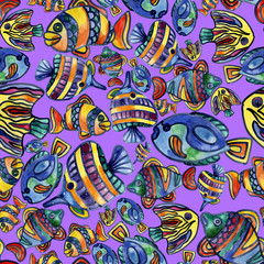 Fototapeta premium Aquarium, river, lake, merry, rainbow, colorful fish in the water. Watercolor. Illustration