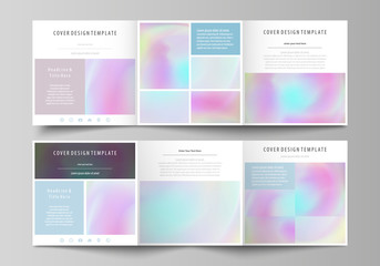 Business templates for tri fold square design brochures. Leaflet cover, abstract vector layout. Hologram, background in pastel colors, holographic effect. Blurred colorful pattern, futuristic texture.