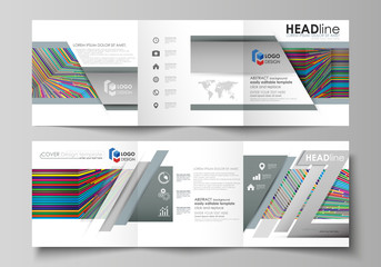 Set of business templates for tri fold square design brochures. Leaflet cover, abstract vector layout. Bright color lines, colorful style with geometric shapes forming beautiful minimalist background.