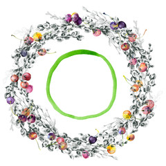 Festive, spring, fruit, berry, forest, meadow, field, village wreath. Watercolor. Graphic arts. Illustration