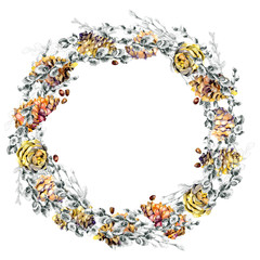 Festive, spring, fruit, berry, forest, meadow, field, village wreath. Watercolor. Graphic arts. Illustration